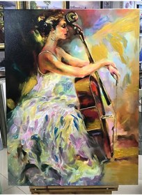 Resim Renkli Boya Işlemeli Kemanlı Kadın Kanvas Tablo 