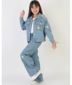 Resim Moonch Papatya Ve Çiçek Nakışlı Kız Çocuk Denim Ceket&pantolon Takım Mavi 
