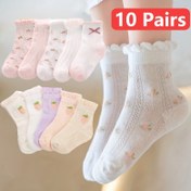 Resim 10 Çift Kız Karikatür Çilek ve Çiçekli Ayak Bileği Çorapları, Nefes Alabilen Polyester ve Spandex Karışımı, Elde Yıkanabilir, 0-14 Yaş Aralığı İçin Bahar/Başlangıç Koleksiyonu 