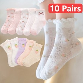 Resim 10 Çift Kız Karikatür Çilek ve Çiçekli Ayak Bileği Çorapları, Nefes Alabilen Polyester ve Spandex Karışımı, Elde Yıkanabilir, 0-14 Yaş Aralığı İçin Bahar/Başlangıç Koleksiyonu 