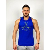 Resim Mavi Erkek Regular Fit -Trust Sword- Baskılı Kapüşonlu Kolsuz Sporcu Hoodie 