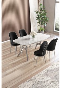 Resim Canisa Lena Serisi 90x160 Lak Panel Beyaz Mermer Desen Kromkaplama Ayaklı Masa Takımı Ve 4 Siyahsandalye Beyaz Mermer Desen Masa,siyah Sandalye 