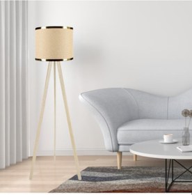 Resim Krem Ahşap Üç Ayaklı Tripod Lambader Bej Kumaş Hazır Başlık Gold Şeritli Köşe Lambası Bej 
