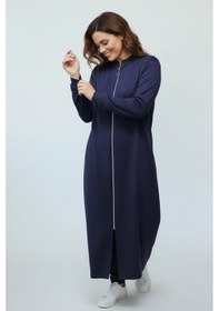 Resim Kadın Önü Fermuarlı Kolu Manşetli Gizli Cepli Mevsimlik Kap Lacivert 