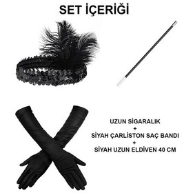 Resim Mey İthalat 1920&amp 39 Ler Gatsby Aksesuar Seti Siyah Charleston Saç Bandı, Uzun Eldiven &amp Sigaralık Yetişkin 