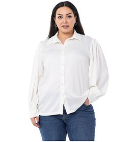 Resim Büyük Beden Manşeti Ve Kol Tepesi Büzgülü Saten Beyaz Gömlek-beyaz Beyaz 