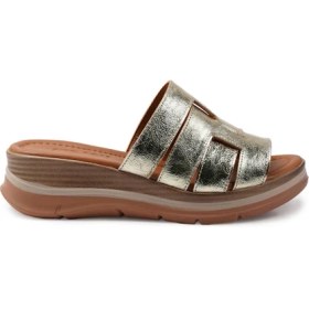 Resim Zeytuk Lame Hakiki Deri Dolgu Topuk Kadın Terlik 