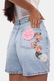 Resim Kadın Mavi 4s6-3 Mom Relax Gül ve Nakış Detaylı Özel Tasarım Denim Şort - Mavi / 40 