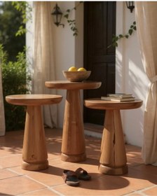 Resim ASELYA HOME Doğal Ahşap 3’lü Set Mantar Yan Sehpa Modern Fiskos Zigon Çiçeklik 