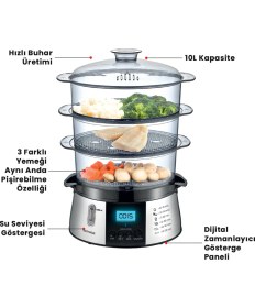 Resim GoldMaster Cookfit Dijital 3 Katlı Paslanmaz Çelik Buharlı Pişirici 10 L - 700-800W Yüksek Performans 