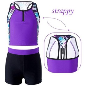 Resim Pembe & Siyah Çocuk Kız Çiçek Baskı Şort Altları İle Üstler 3 Parça Tankini Seti Mayo Mayo Pembe - Siyah 