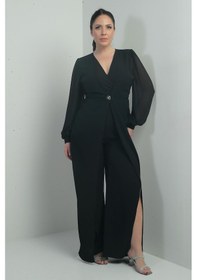 Resim Kadın V Yaka Önü Tek Düğme Kolları Şifon Yarım Astarlı Büyük Beden Krep Tulum-40374 Siyah 