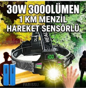 Resim Ultra Güçlü 30w Led Sensörlü Kafa Lambası - 3000 Lümen, Dijital Şarj Göstergeli, Type-c Şarjlı Siyah 