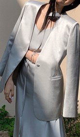 Resim Saten V Yaka Blazer - Gri / S 