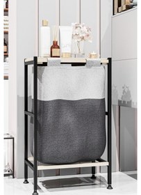 Resim Bino Ahşap Raflı Keten Kumaşlı Banyo Düzenleyici Çamaşır Sepeti Siyah 