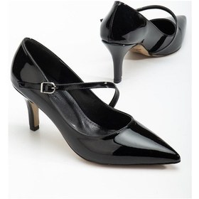 Resim Büyük Beden Kadın Stiletto İnce Topuklu Ayakkabı Siyah Rugan Baretli-4292 Siyah 