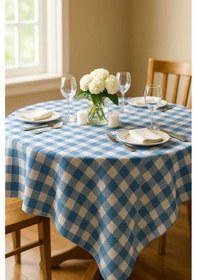 Resim Fiber Kareli Masa Örtüsü Sofra Bezi Ekose Desen 160x160 Cm Turkuaz Renkli 