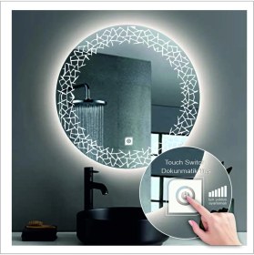 Resim Dnr-Mirror60 Cm Beyaz Ledli Tasarım Kumlamalı Dokunmatik Tuşlu Banyo Aynası Makyaj Aynası Işıklı Ayna 