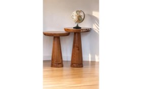 Resim Ahşap 2'li Set Mantar Yan Sehpa Modern Açık Ceviz Fiskos Zigon Çiçeklik 