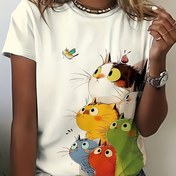 Resim Kadınlar için İlkbahar Yaz Sevimli Karikatür Kedi Baskılı Kısa Kollu Tişört - Yumuşak Polyester-Spandex Karışımı, Canlı Hayvan Tasarımlı Yuvarlak Yaka Makinede Yıkanabilir Günlük Üst, Kedi Tişörtü, Rahat Giyim, Eğlenceli Grafikli Tee, Dayanıklı Günlük Kıyafet, Hafta Sonu Kıyafeti, Esnek Malzeme, Baskılı Gömlek, Moda Severler İçin 