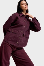 Resim Kadın Bordo Renk T-6w5-122 Oversize Parlak Taşlı Özel Tasarım Denim Ceket - Bordo / L 