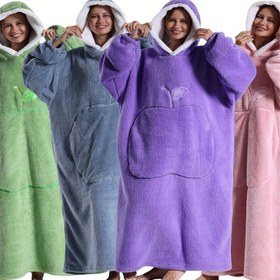 Resim Glam Stil Ters Çevirilebilir Flanell Kapüşonlu Sabahlık, Uzatılmış Elma Cebi, %100 Polyester, Yalnızca El Yıkama, 200-250gsm, Sıcak Rüzgar Geçirmez Ev İçinde ve Dışında Çiftler İçin Esansiyel Battaniye TV Atış 