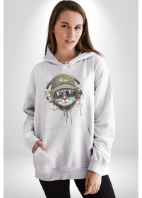 Resim Havalı Pilot Şapkalı Müzik Dinleyen Kedi Kadın Erkek Beyaz Kapüşonlu Sweatshirt Hoodie Beyaz 