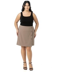 Resim Büyük Beden Önü Çift Katlı Süs Düğme Detaylı Fermuar Kapamalı Mini Vizon Etek Vizon 