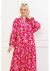 Resim Düğmeli Yaka Viskon Elbise - Pembe Pembe 