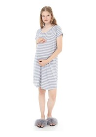 Resim Luvmabelly Myra9580 Yandan Çıt Çıtlı Hamile Geceliği - Gri Çizgili-gri 