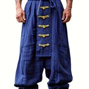 Resim Erkekler İçin Vintage Tarzı Bol Kesim Geniş Paça Pantolon - %100 Polyester, Makinede Yıkanabilir, Günlük ve Parti Kıyafeti, Dekoratif Düğme Detaylı Düz Renk, Retro Estetik Pantolon | Pürüzsüz Dokulu Pantolon 