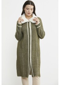Resim Sementa Yakası Suni Kürk Detaylı Uzun Triko Hırka - Haki 001 