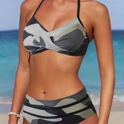 Resim Kamuflaj Baskılı Çapraz Tasarım Bikini Takımı, Yüksek Bel Bikini Takımı 