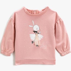 Resim Kız Bebek Tavşan Baskılı Tül Detaylı Sweatshirt Bisiklet Yaka Pamuklu 