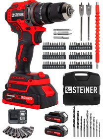 Resim STEİNER 21v Çift Akü Kömürsüz Motor Çelik Mandren Darbeli Akülü Vidalama Şarjlı Matkap (84 Parça Usta Set) 