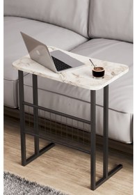 Resim Metal Ayaklı Laptop Sehpası Koltuk Sehpası Kahvaltı Masası Çalışma Sehpası - Beyaz Mermer Desenli Diğer 