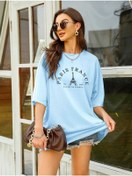 Resim mercoledi Travel In France Baskılı Bebek Mavisi Oversize T-shirt Salaş Boyfirend 