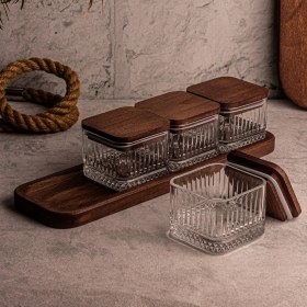 Resim Snippy Bella Kare - 5 Parça Tepsili Ahşap Vakumlu Kapaklı Cam Kahvaltılık Çok Amaçlı Cam Çerezlik 230 ml 