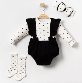 Resim COLORFULLCLİPS Siyah Kalp Desenli Bebek Romper, Çorap ve Bandana 3'lü Set-12-18 ay 