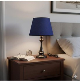 Resim Faro Abajur Siyah Metal Gövdeli Lacivert Abajur Şapkalı Koyu Siyah 