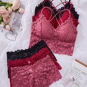 Resim Kadınların Seksi Dantel Bantolu Üst ve Kısa Tayt, Romantik Düz Renk, Orta Boy, Çıkarılabilir Dolgulu, Yetişkinler İçin İç Giyim Seti - Pembe ve Siyah 