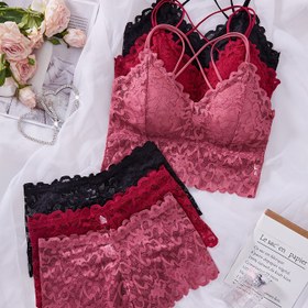 Resim Kadınların Seksi Dantel Bantolu Üst ve Kısa Tayt, Romantik Düz Renk, Orta Boy, Çıkarılabilir Dolgulu, Yetişkinler İçin İç Giyim Seti - Pembe ve Siyah 