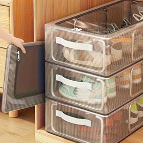 Resim Şeffaf Katlanabilir Ayakkabı Saklama Kutusu, Kalınlaştırılmış Çelik Çerçeveli Yatak Altı Düzenleyici, Giysiler ve Ayakkabılar İçin Şık Naylon 