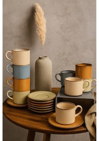 Resim Kadıkızı 8 Parça Calma Mora 4 Kişilik Porselen İstiflenebilir Kahve Fincan Takımı Çok Renkli 