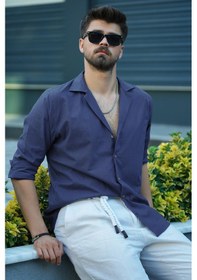 Resim Etikmen İndigo Keten Apaj Yaka Relax Fit Hediye Kutulu Erkek Gömlek İndigo 