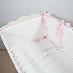 Resim Ekru - Pembe Fırfırlı Bebek Uyku Seti - Düz Bumper / 80x140 