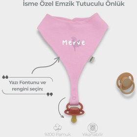 Resim İsme Özel Emzik Tutuculu Önlük %100 Pamuklu Pastel Pembe - Standart 22x16 Cm 