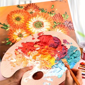 Resim 1 adet Ahşap Küçük Oval Boya Paleti Başparmak Delikli Ahşap Yağlı Boya Paleti Sanat Malzemesi için Sanatçı Paleti 20*30cm 