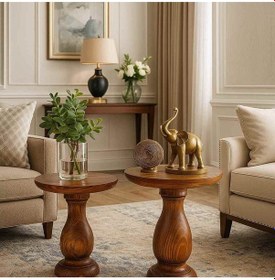 Resim Masif Ahşap Doğal Yan Sehpa 2 Li Takım Meşe Zigon & Fiskos - Wooden Side Table Meşe 