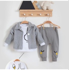 Resim 3-18 Ay Kız Bebek Takımı Peluş Hırkalı 3 Lü Gri Gri 